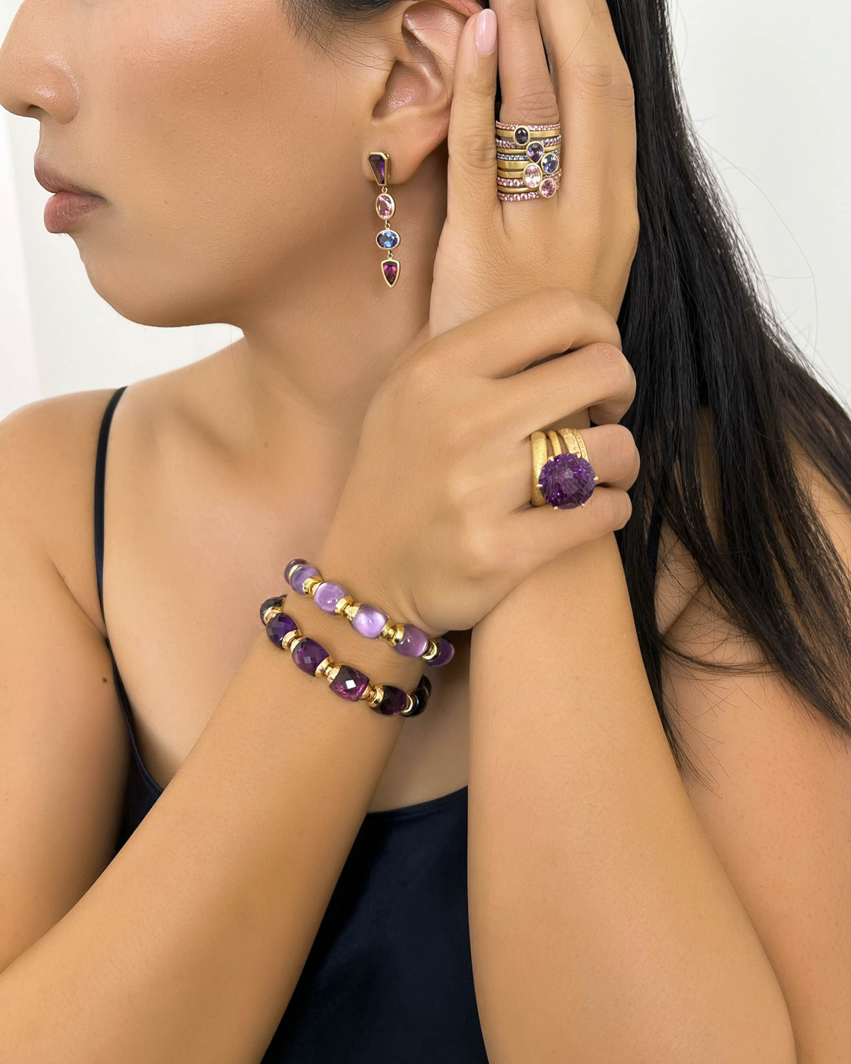 Amethyst, Spinel, Tanzanite and Garnet Drop Dangle Earrings