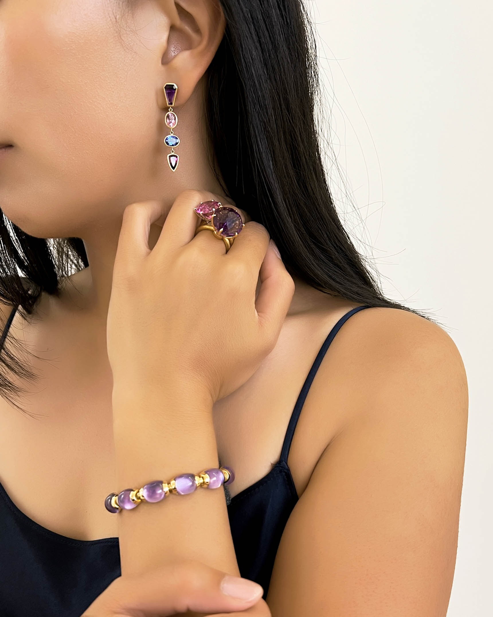 Amethyst, Spinel, Tanzanite and Garnet Drop Dangle Earrings