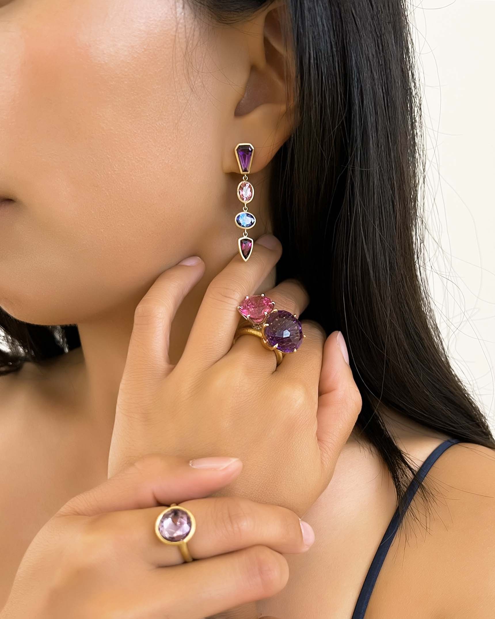 Amethyst, Spinel, Tanzanite and Garnet Drop Dangle Earrings