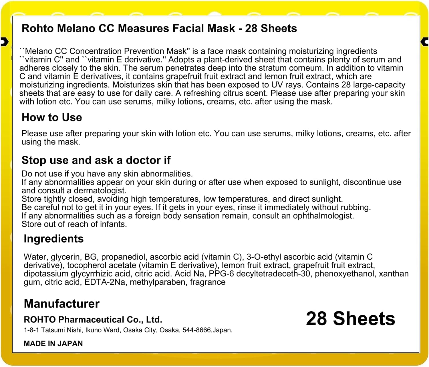 Rohto Melano CC Measures Facial Mask - 28 Sheets