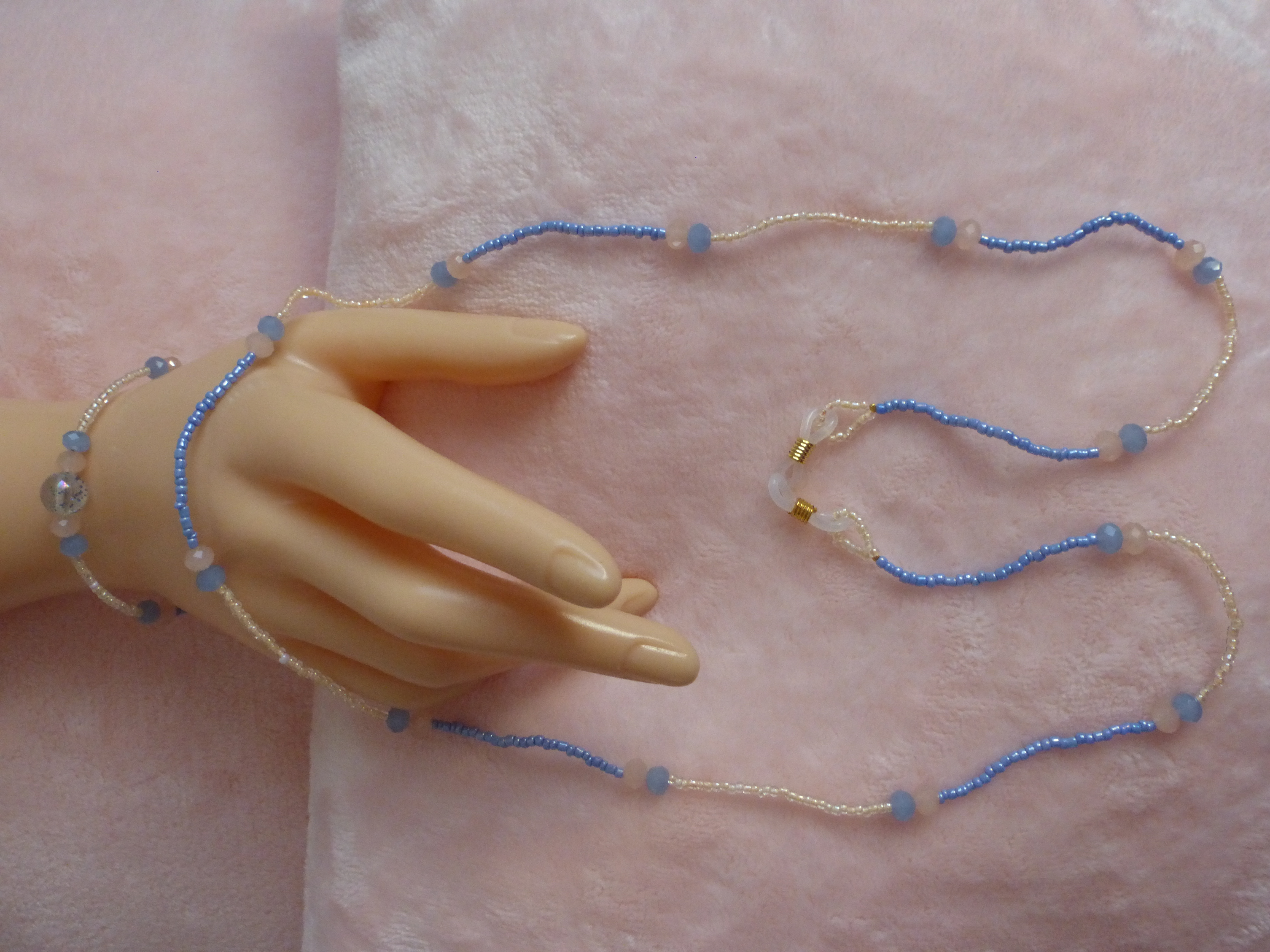 CORDON A LUNETTES ET BRACELET BLEU ET ORANGE PALE