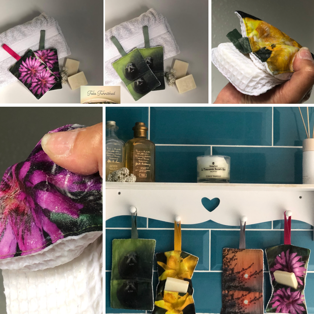 Handmade Fabric Soap Saver Mitts/ Make Up Remover Pads with Hanging Loops for Storage