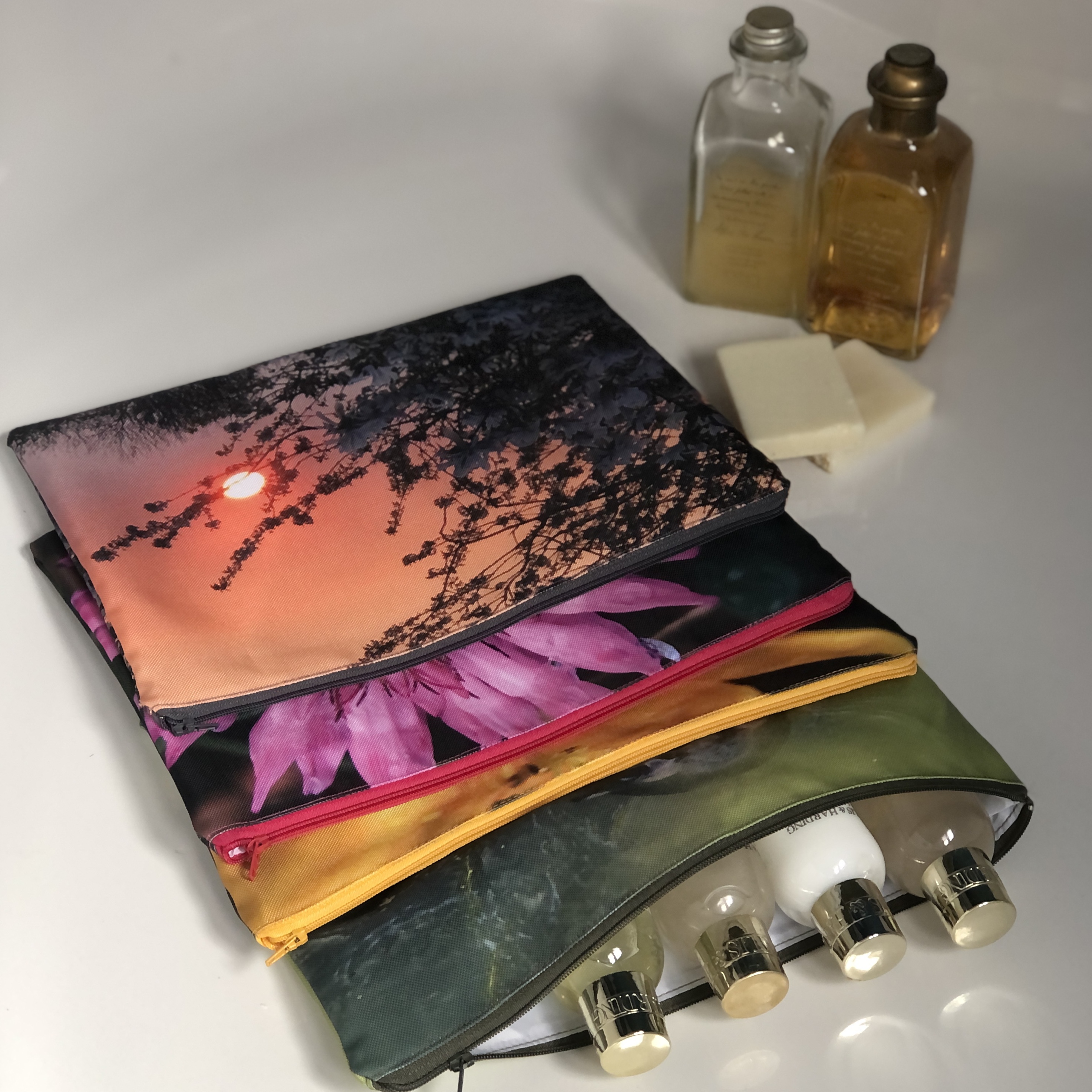 HANDMADE Waterproof Canvas Wash Bags with Photographic Printed Fabric