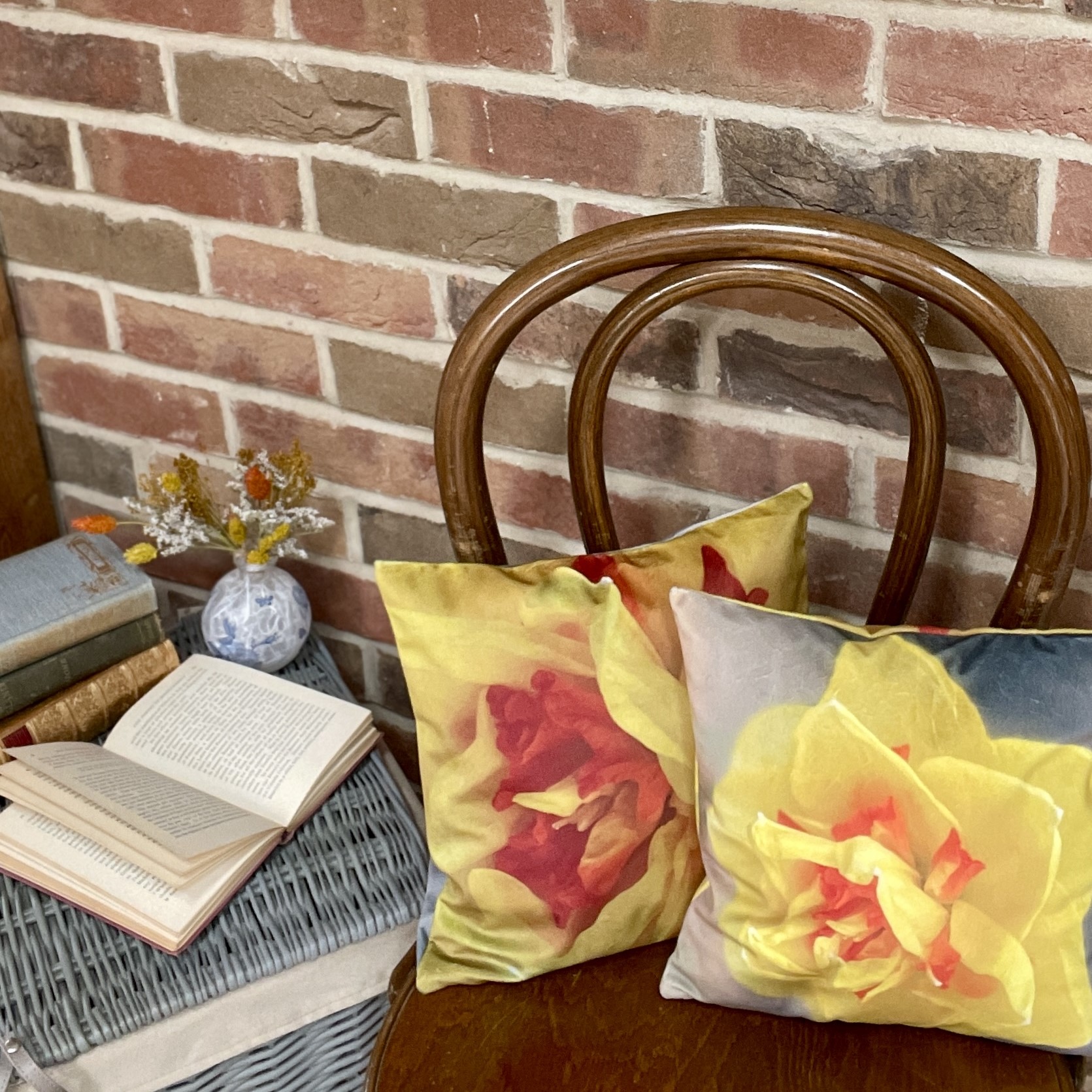 HANDMADE Golden Narcissus Velvet Reversible Floral Cushion Cover with Double Petal Daffodil Photography