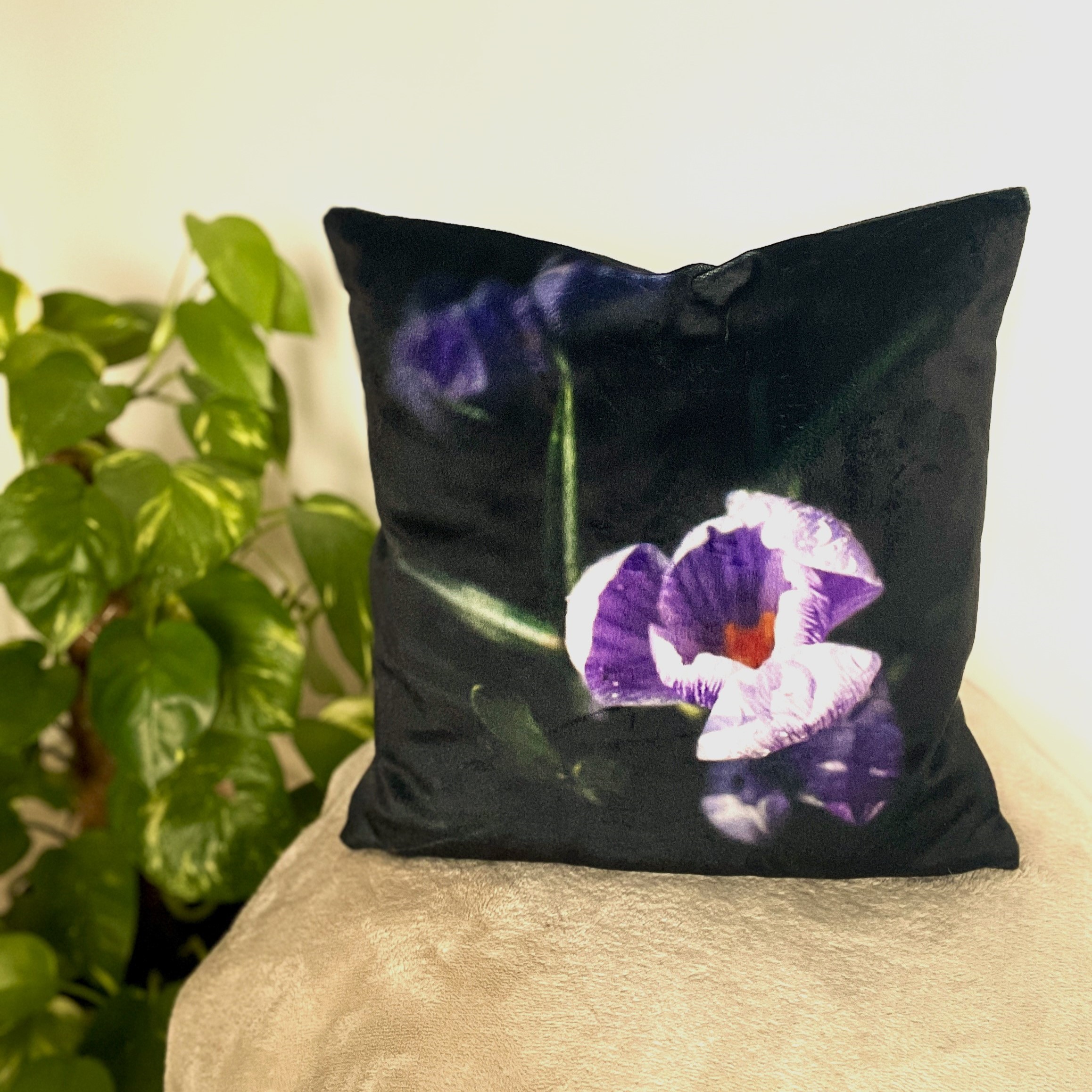 HANDMADE Black Velvet Reversible Crocus Flower Floral Cushion Cover