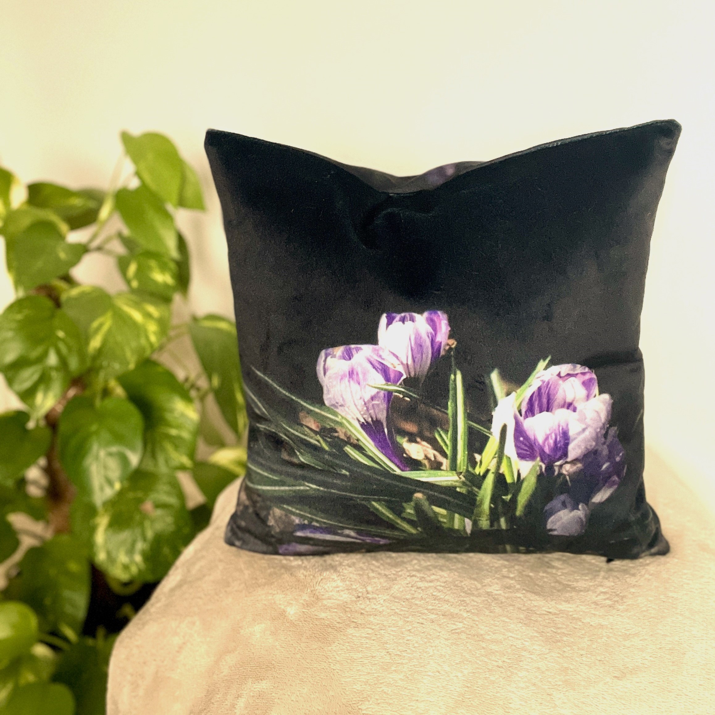 HANDMADE Black Velvet Reversible Crocus Flower Floral Cushion Cover