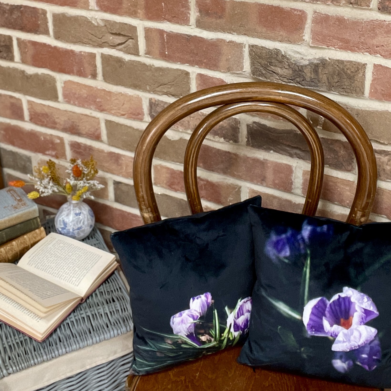 HANDMADE Black Velvet Reversible Crocus Flower Floral Cushion Cover