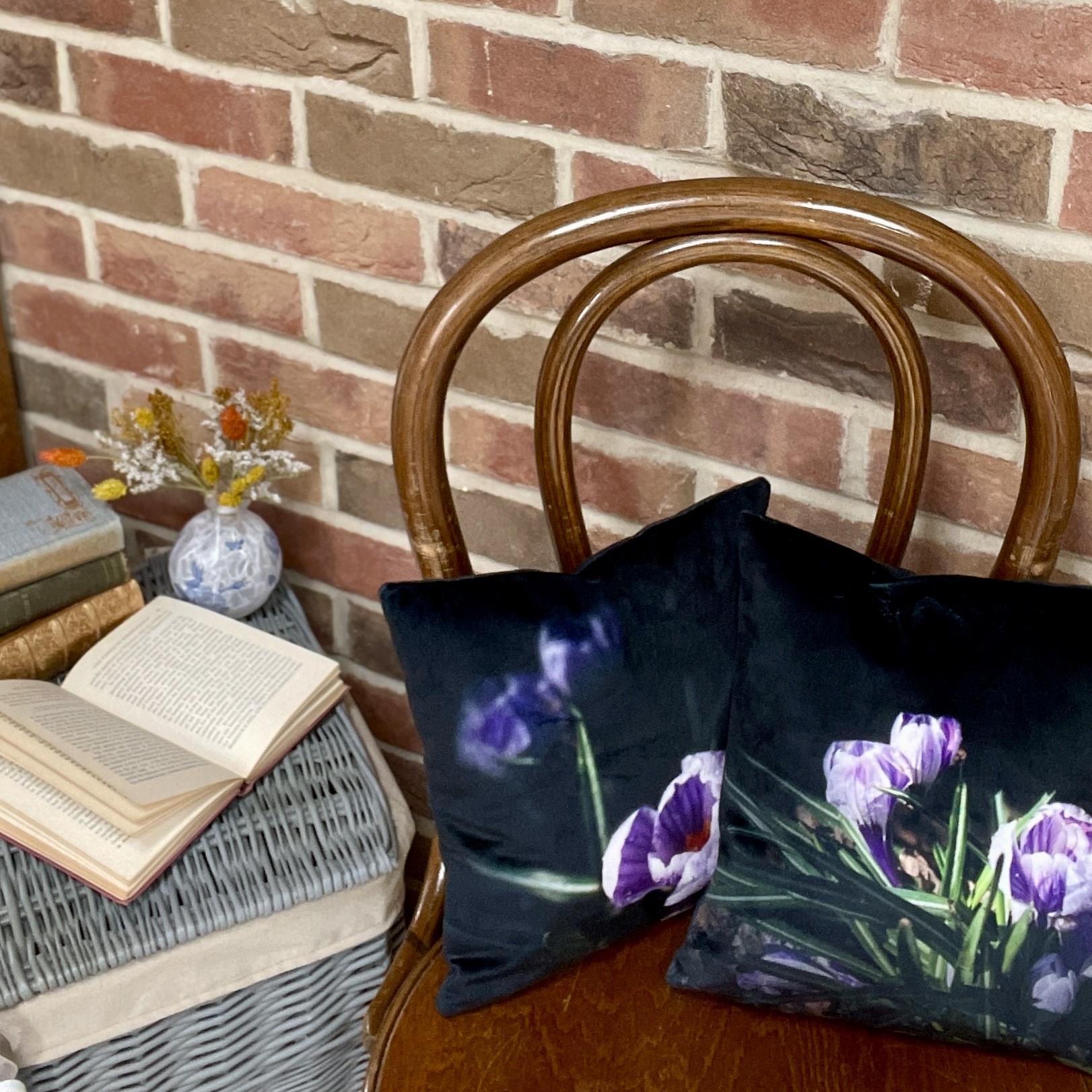 HANDMADE Black Velvet Reversible Crocus Flower Floral Cushion Cover