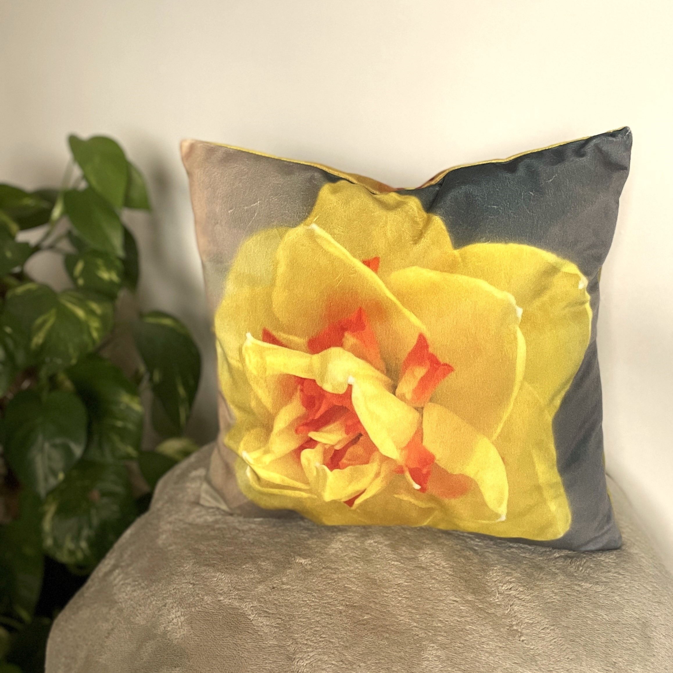 HANDMADE Golden Narcissus Velvet Reversible Floral Cushion Cover with Double Petal Daffodil Photography