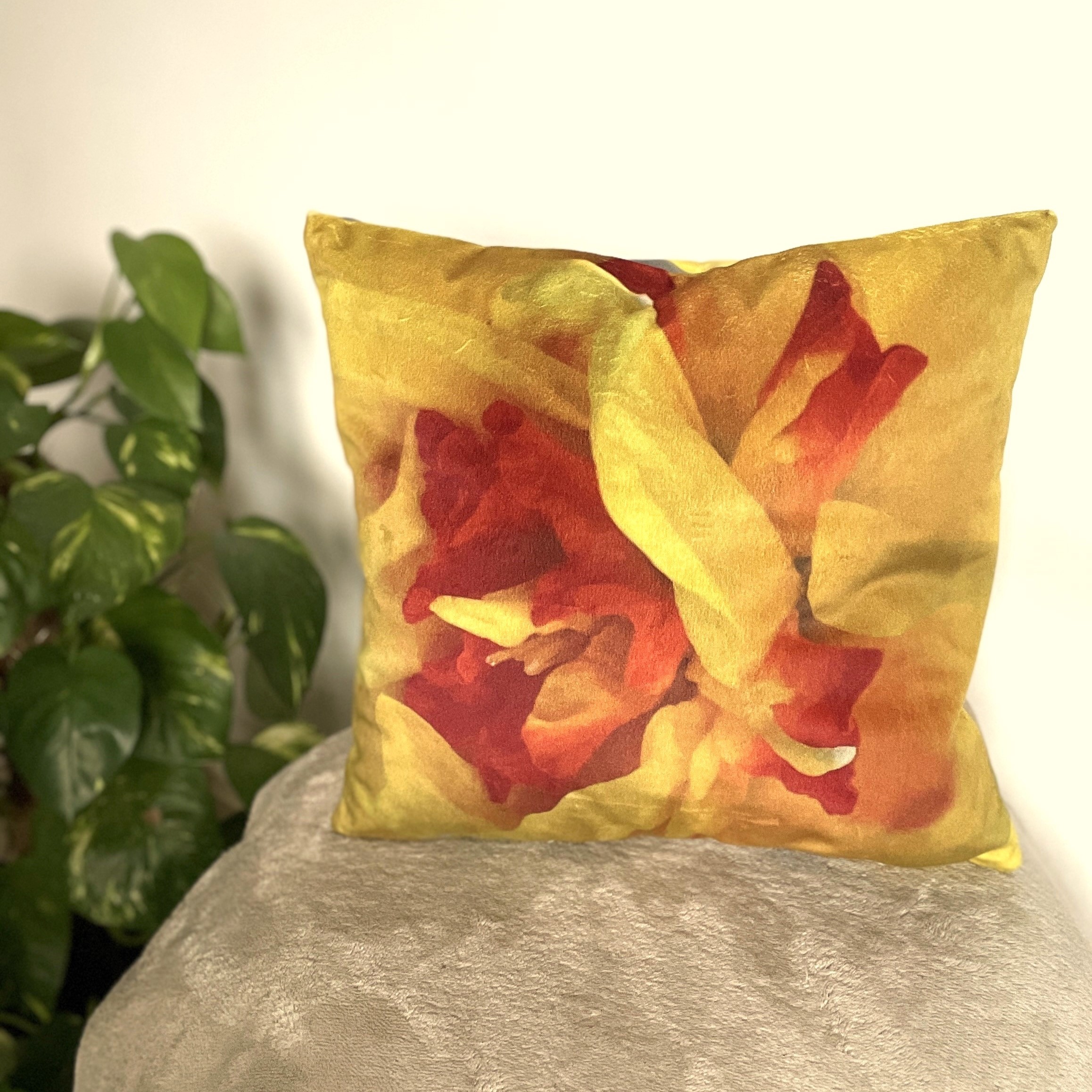 HANDMADE Golden Narcissus Velvet Reversible Floral Cushion Cover with Double Petal Daffodil Photography