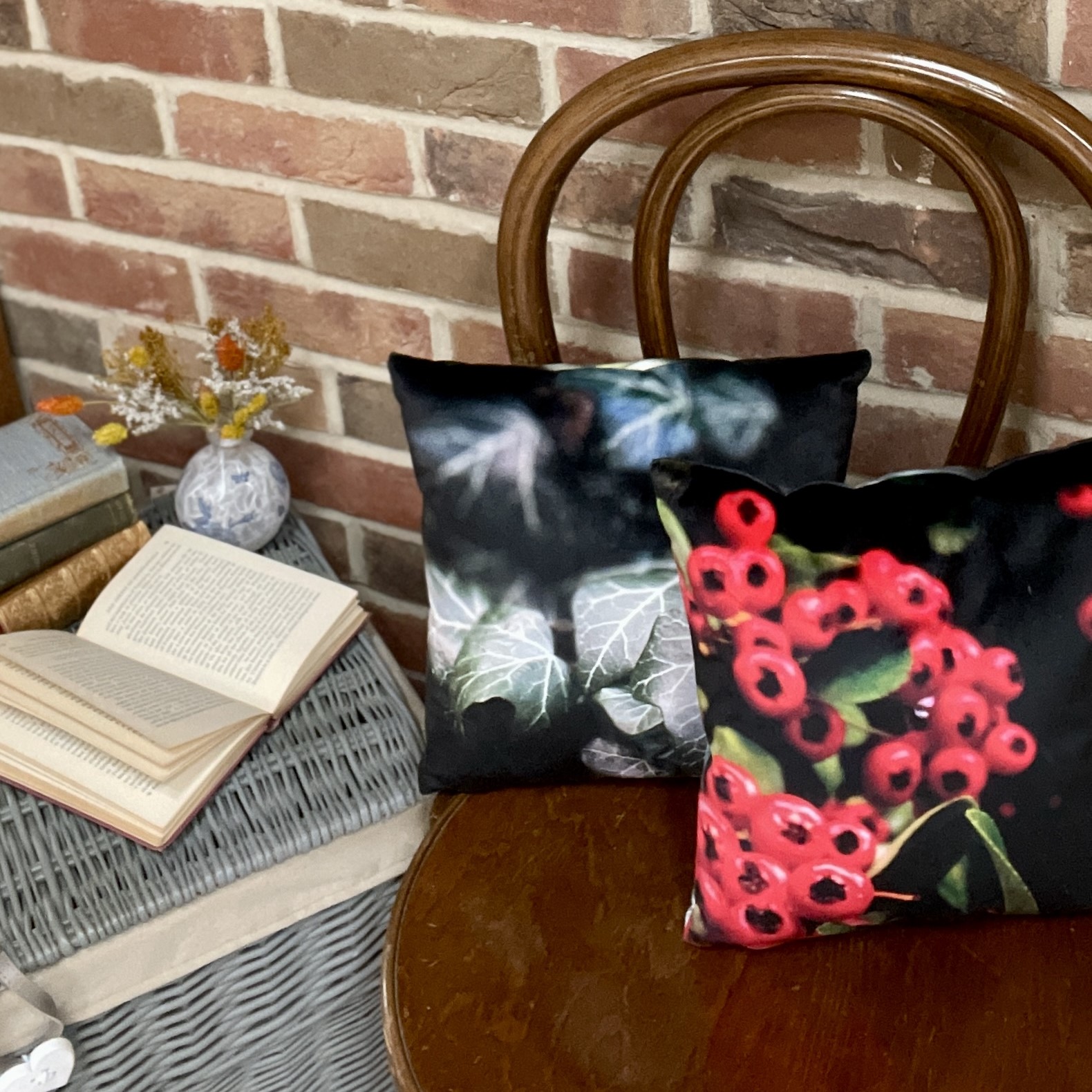 HANDMADE Ivy/ Red Berries Velvet Reversible Cushion Cover