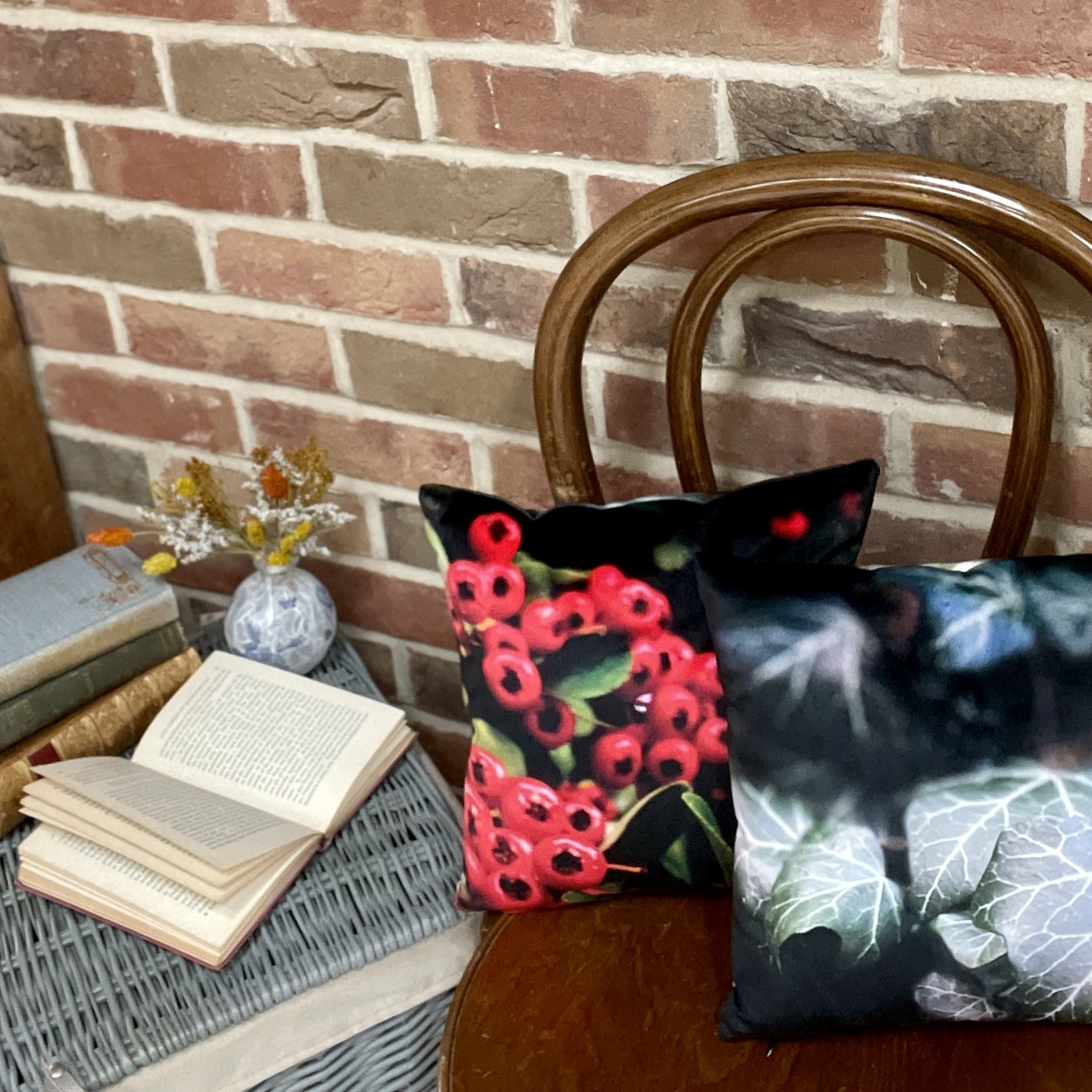 HANDMADE Ivy/ Red Berries Velvet Reversible Cushion Cover