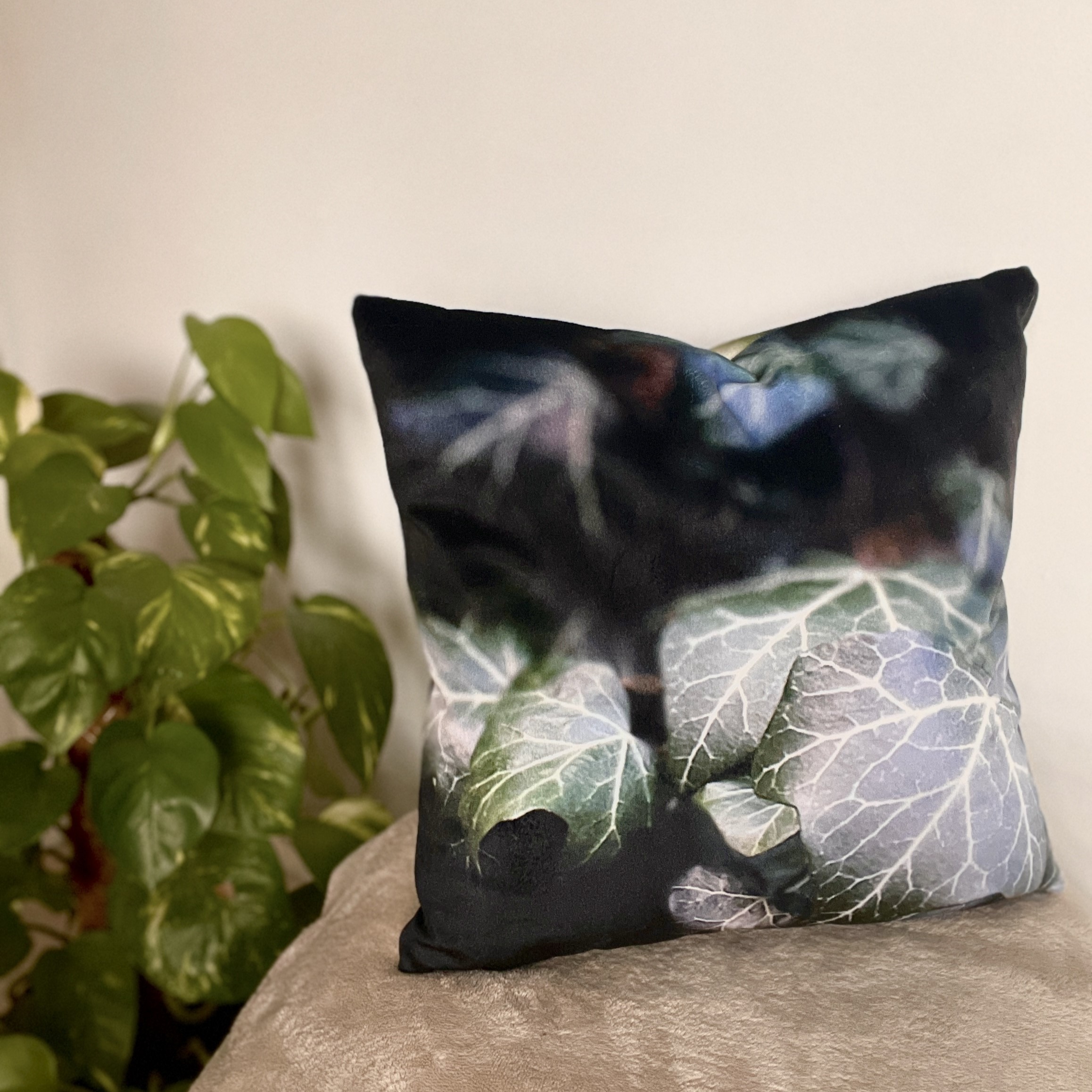 HANDMADE Ivy/ Red Berries Velvet Reversible Cushion Cover