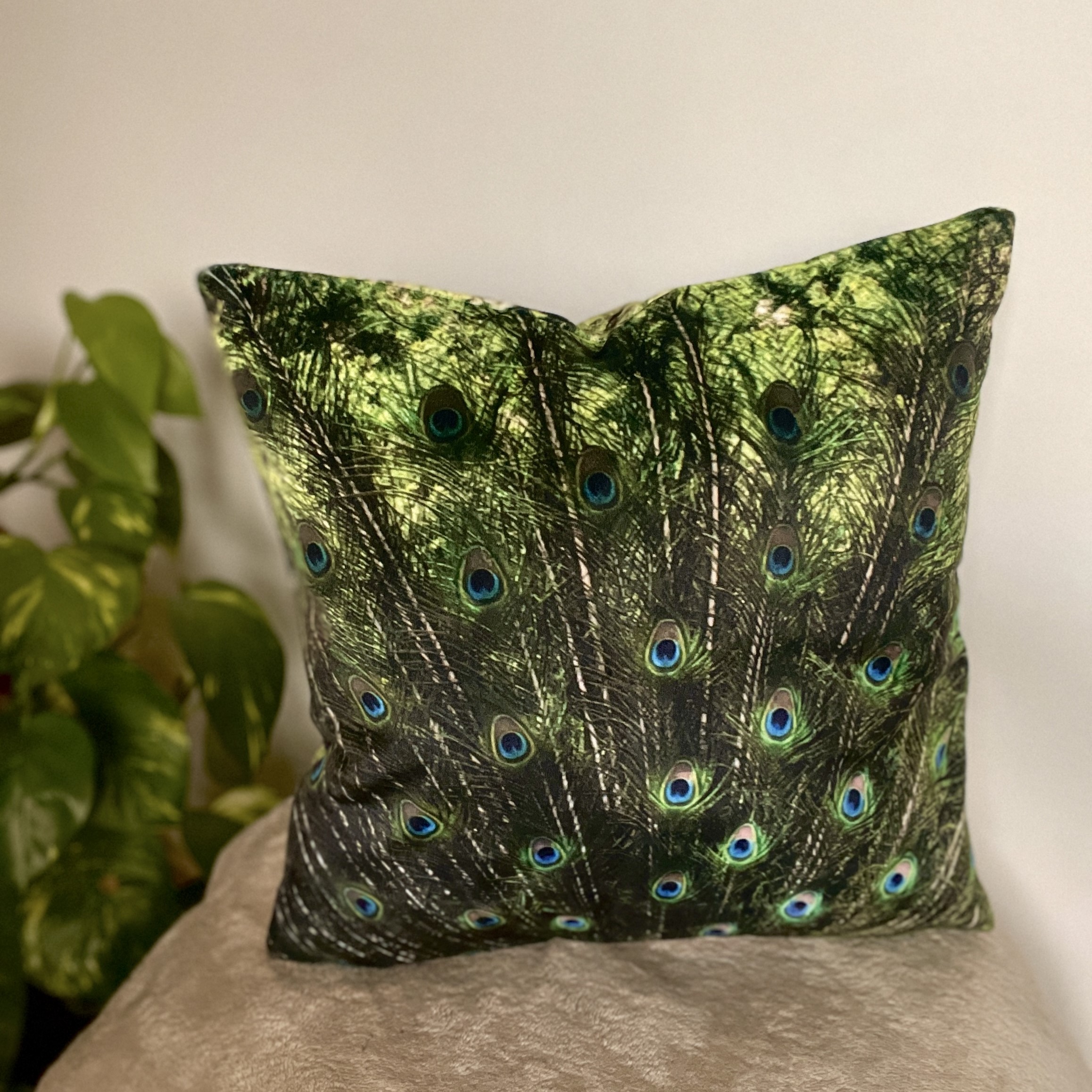 HANDMADE Peacock Feather Photography Reversible Velvet Cushion Cover