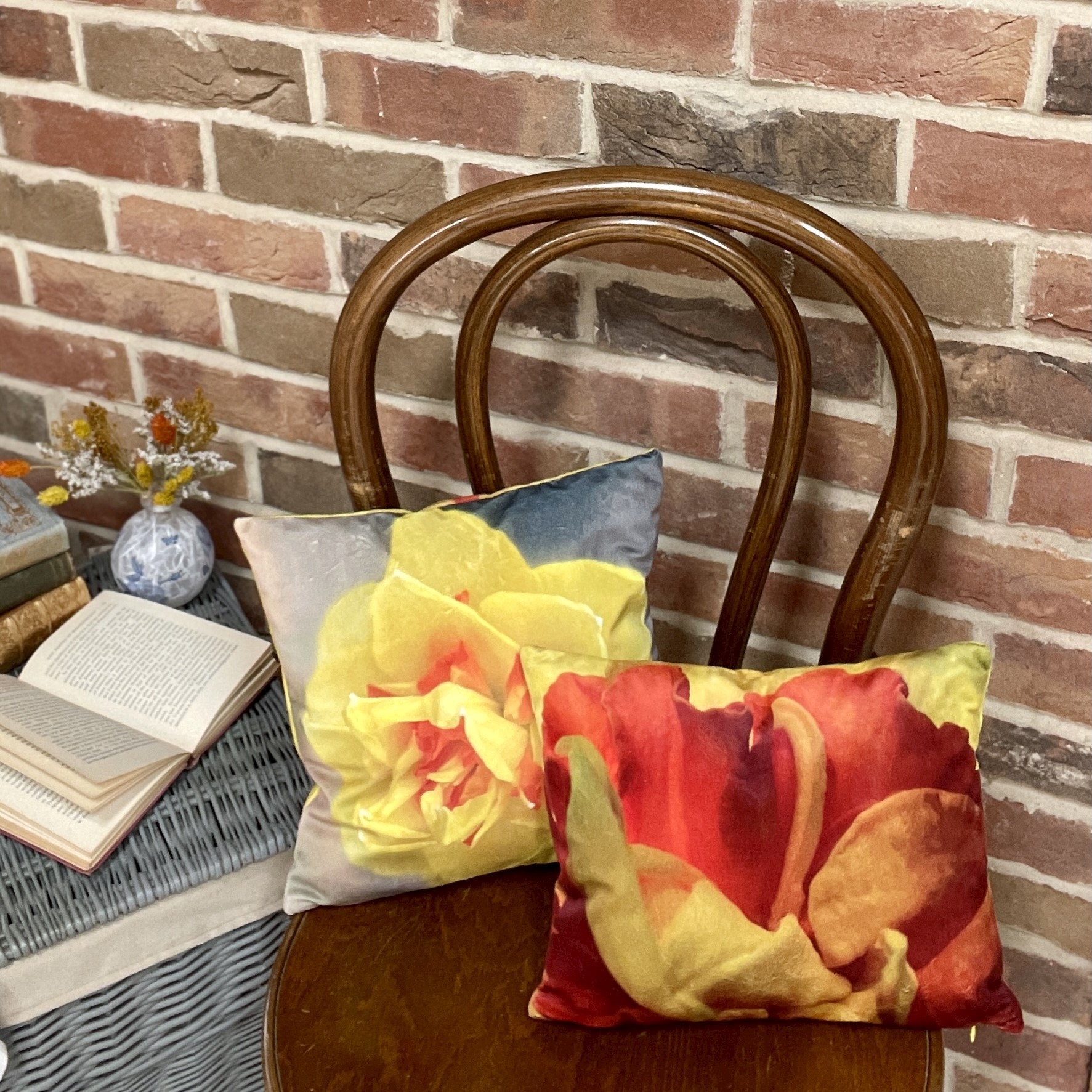 HANDMADE Rectangle Velvet Floral Cushion with Double Petal Golden Narcissus Photography