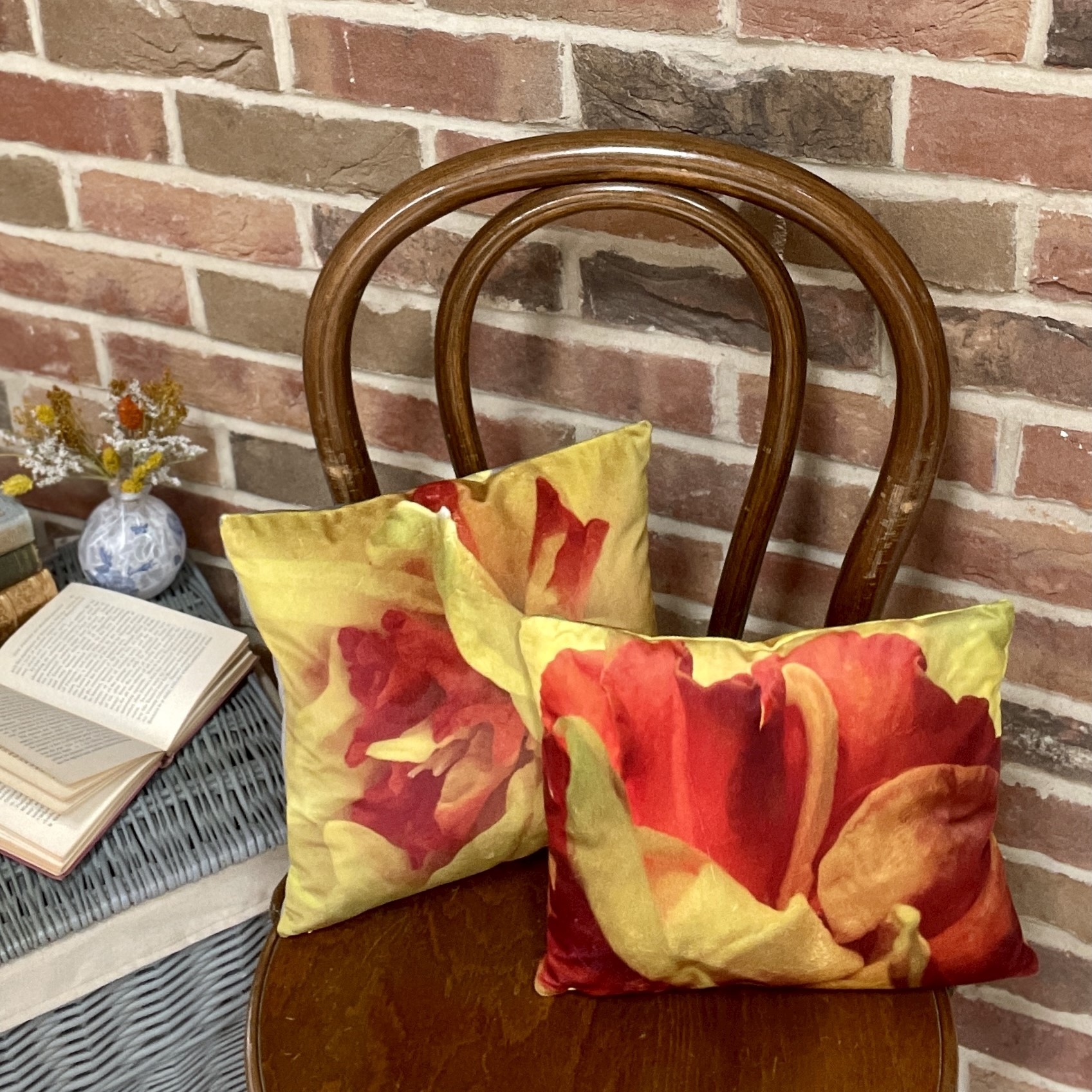 HANDMADE Rectangle Velvet Floral Cushion with Double Petal Golden Narcissus Photography