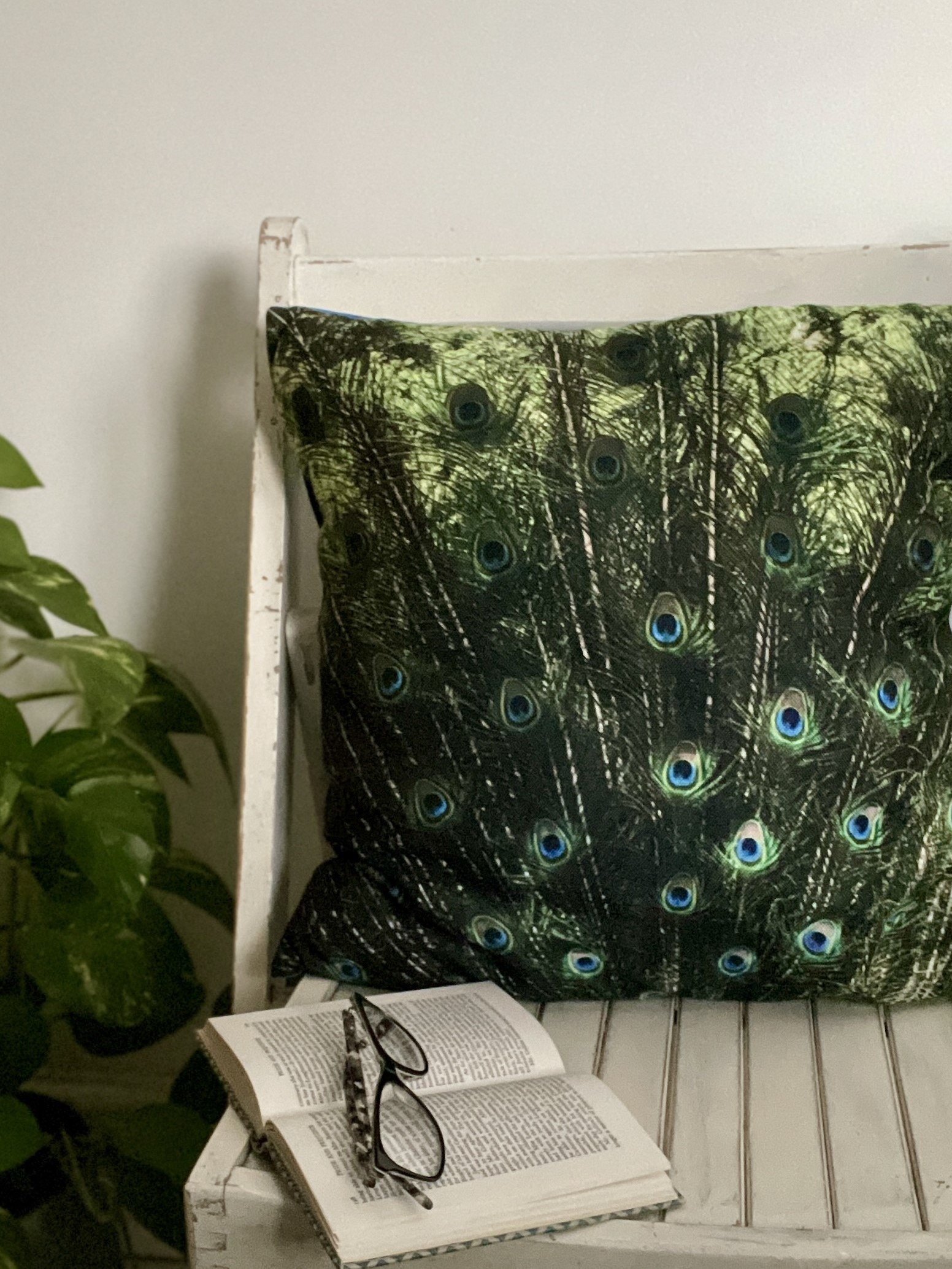 HANDMADE 17x17 Royal Blue Velvet Backed Peacock Feather Linen Look Cushion Cover