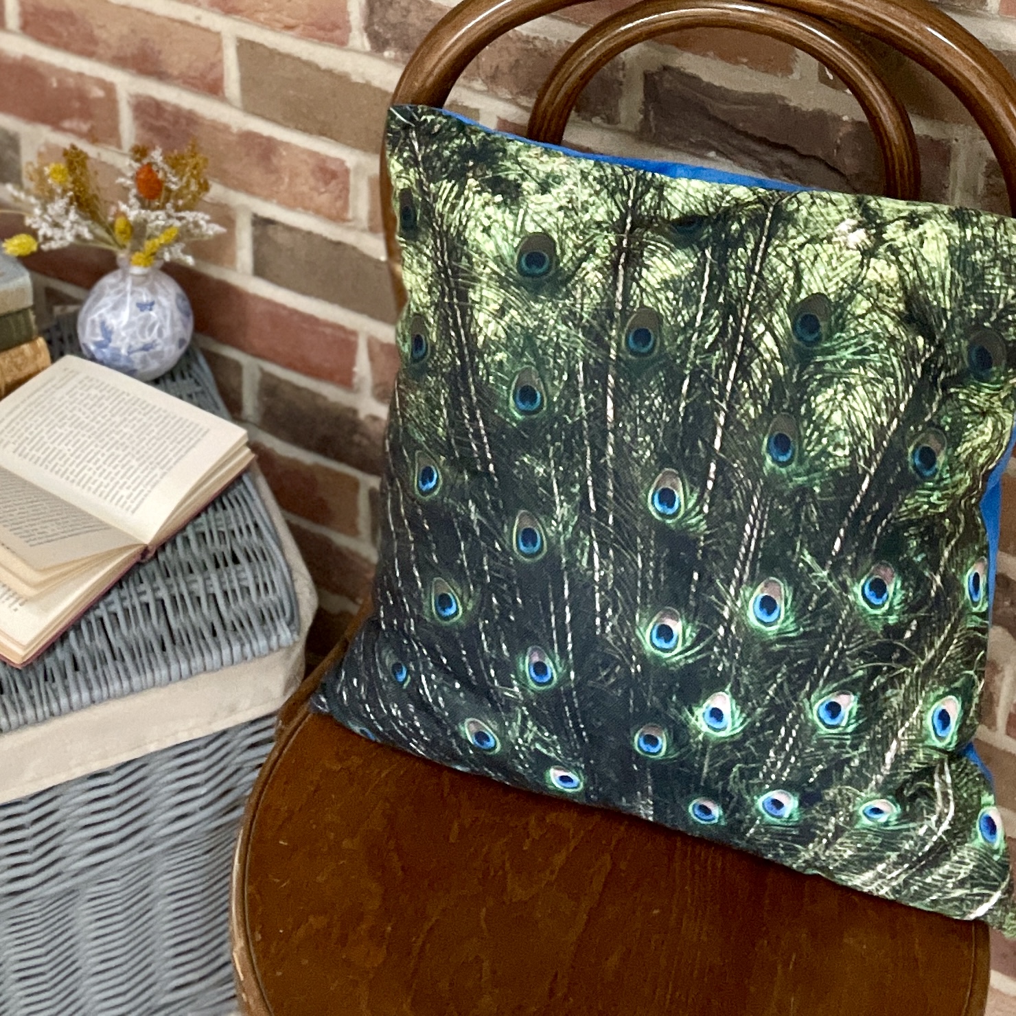 HANDMADE 17x17 Royal Blue Velvet Backed Peacock Feather Linen Look Cushion Cover