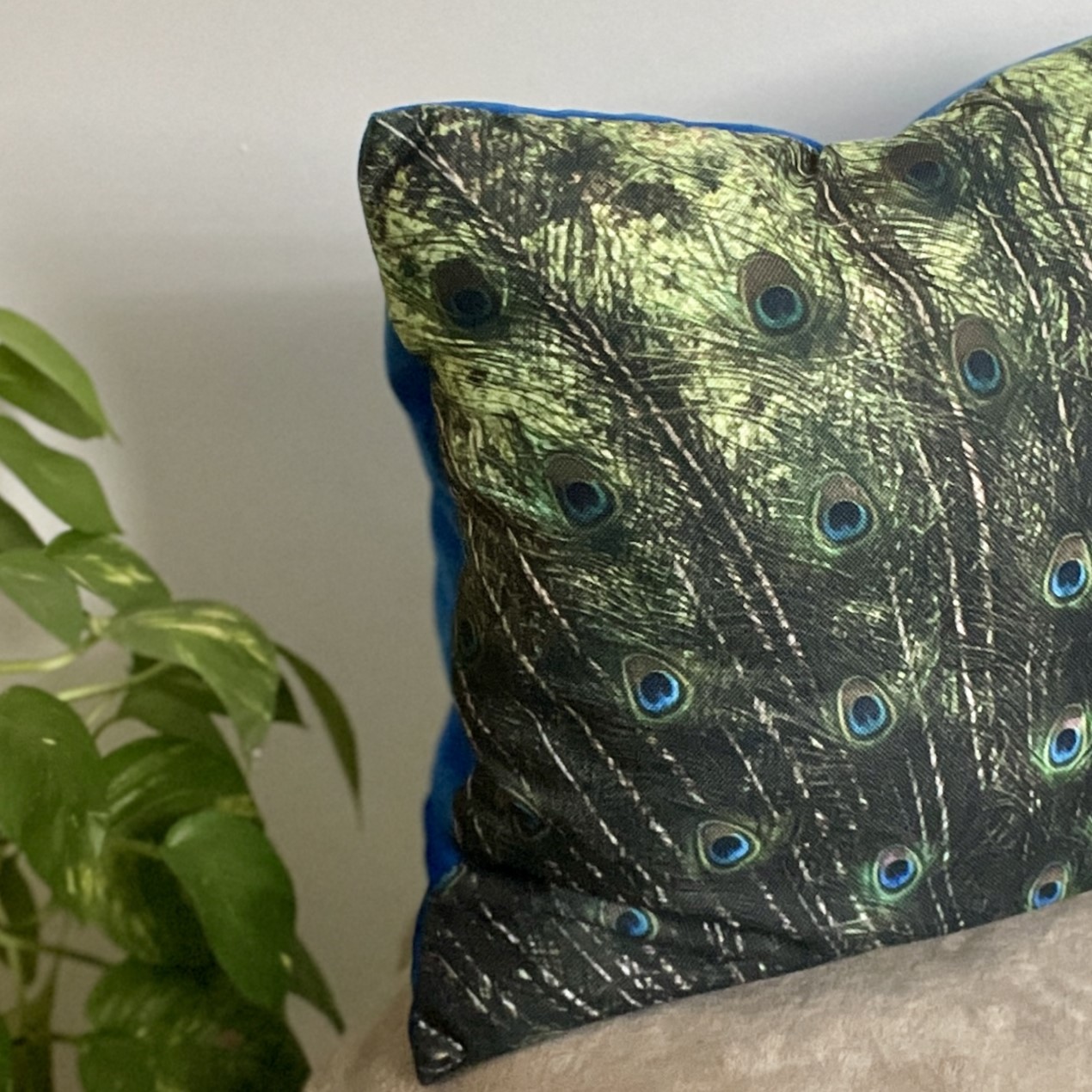 HANDMADE 17x17 Royal Blue Velvet Backed Peacock Feather Linen Look Cushion Cover