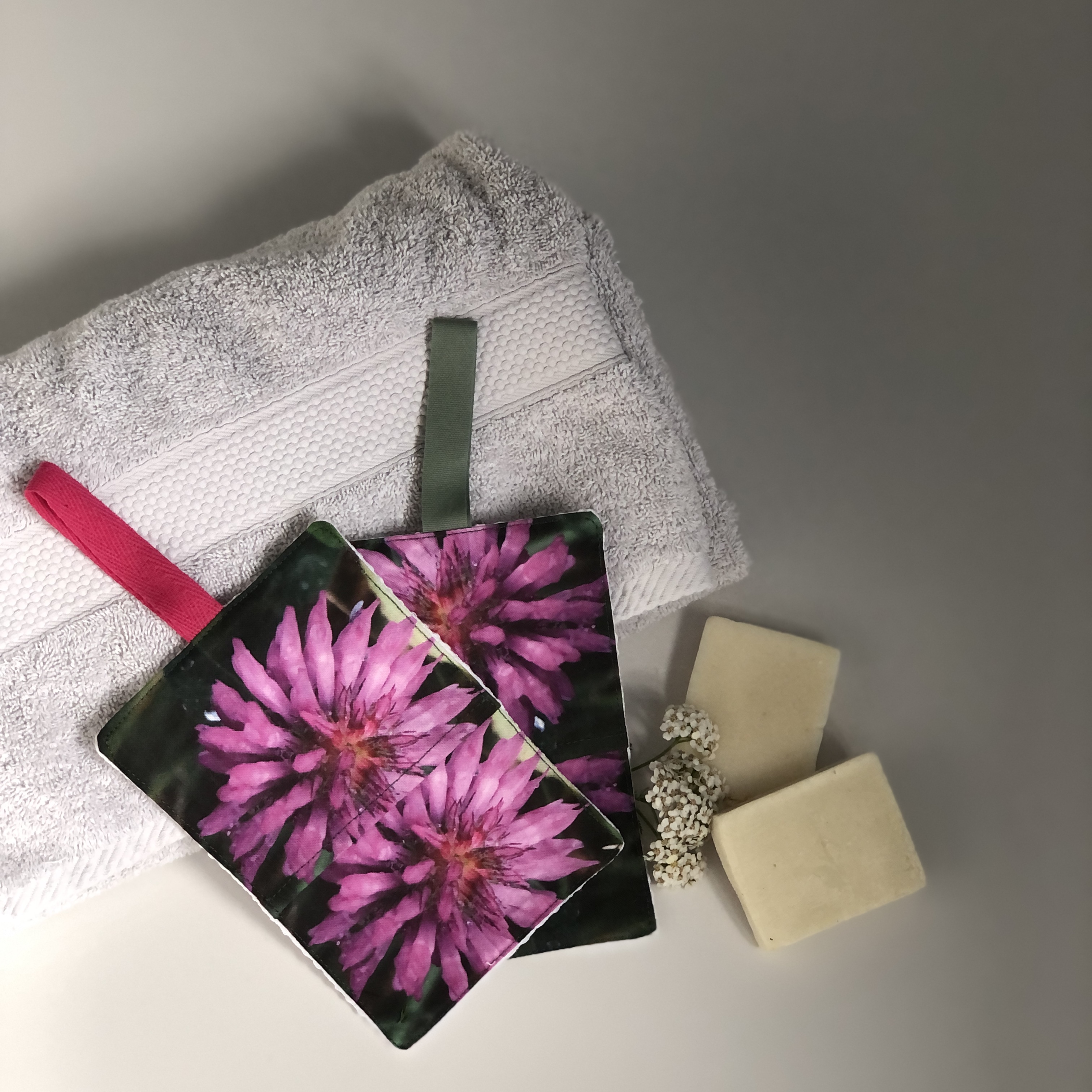 Handmade Fabric Soap Saver Mitts/ Make Up Remover Pads with Hanging Loops for Storage