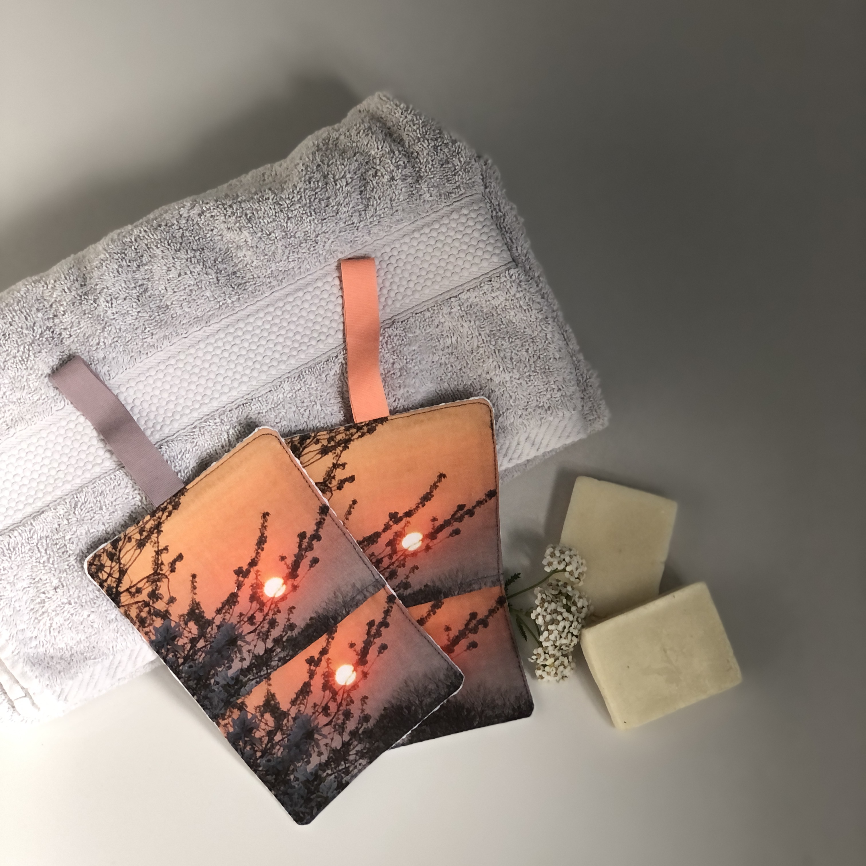 Handmade Fabric Soap Saver Mitts/ Make Up Remover Pads with Hanging Loops for Storage