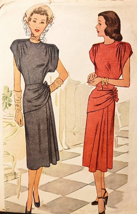 1940s Style Gathered Big Shoulders Hip Swag and Drape Dress Made from Vintage Pattern Custom Made in Your Size 1947