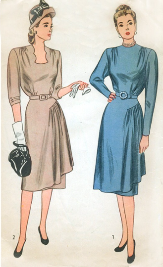 1940s Style Dress with Gathered Shoulders and Draped Side Sarong Skirt Custom Made in Your Size From a Vintage Pattern 1946