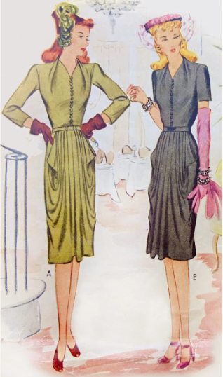 1940s Style V Neck Dress with Unique Cowl Front Skirt Custom Made in Your Size From Vintage Pattern 1942