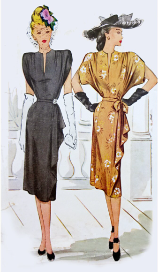 1940s Style BIG Padded Gathered Shoulders Sarong Side Draped Dress Custom Made in Your Size Made from Vintage Pattern 1947