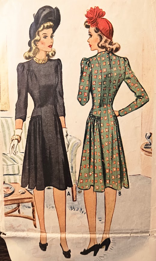 1940s Style Jewel Neck Dress with Puffed Sleeves and Full Skirt Made from Vintage Pattern Custom Made in Your Size 1941
