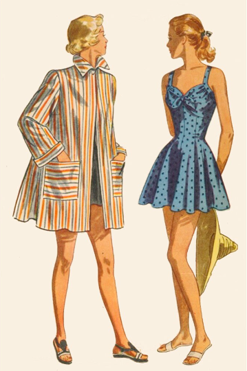 1940s Style One Piece Swimsuit Dress with Flaired Skirt and Beach Coat Custom Made in Your Size From a Vintage Pattern 1948