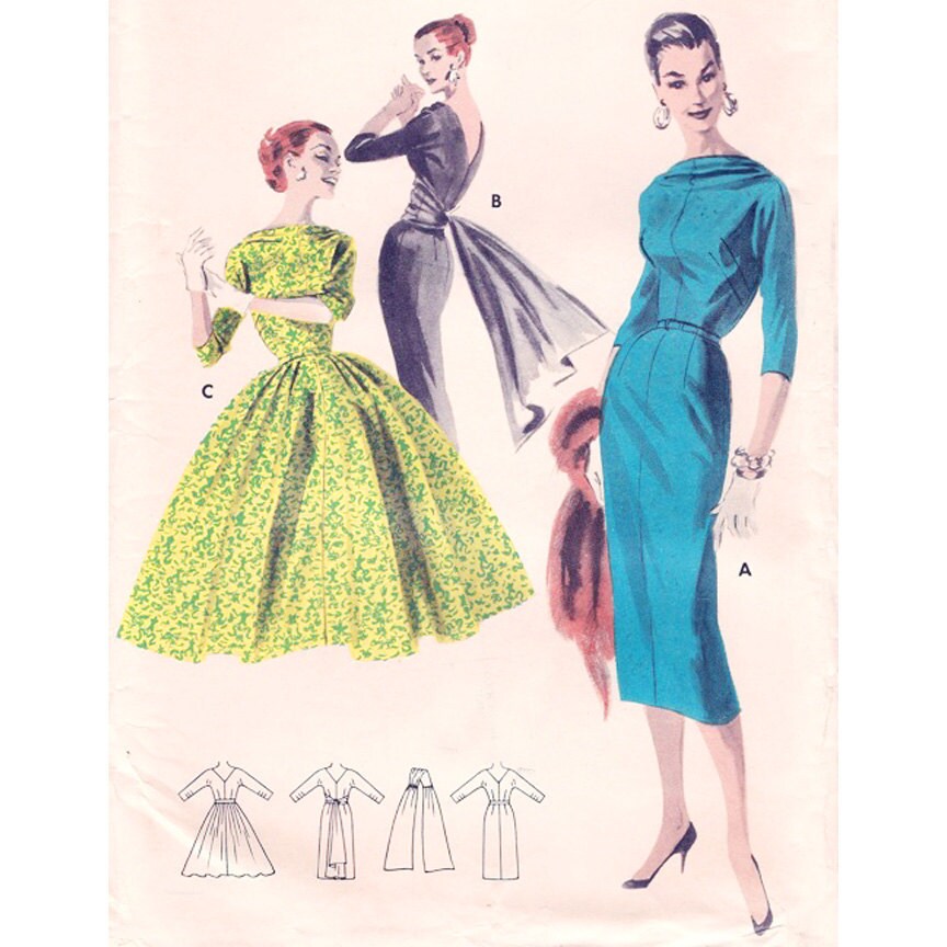 1950s Style Draped Boat Neck Long Sleeve Dress Custom Made in Your Size From a Vintage Pattern 1956