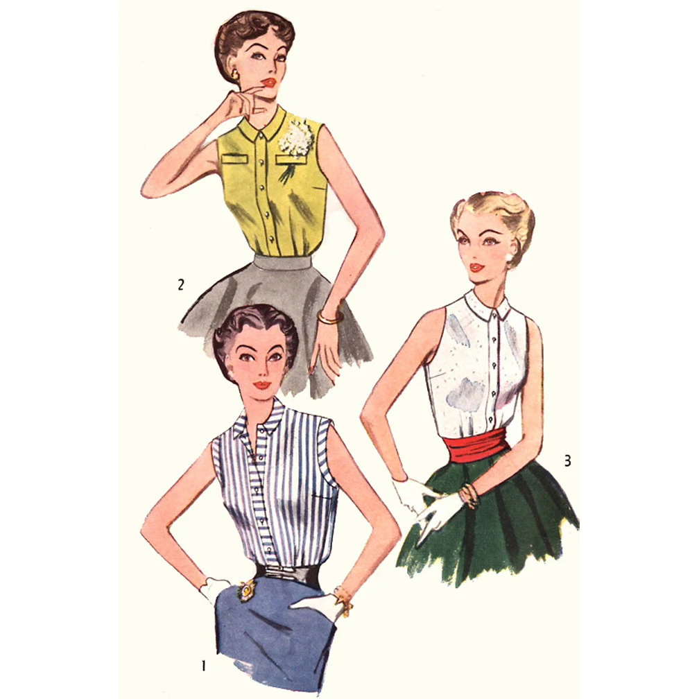 1950s Style Sleeveless Basic Button Up Blouse with Collar Custom Made in Your Size From a Vintage Pattern 1953