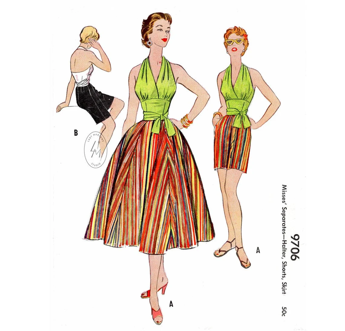 1950s Style 4pc Halter Top, Shorts, Circle Skirt and Sash Belt Set Custom Made in Your Size From a Vintage Pattern 1955