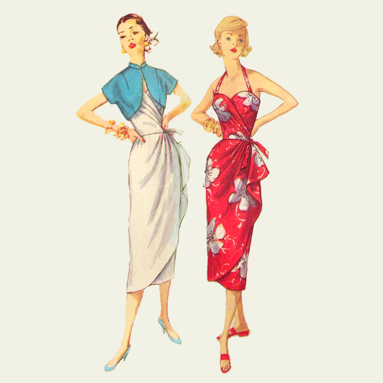 1950s Style Asymmetrical Sarong Side Drape Tiki Halter Dress with Optional Bolero Jacket Custom Made in Your Size From a Vintage Pattern 1955