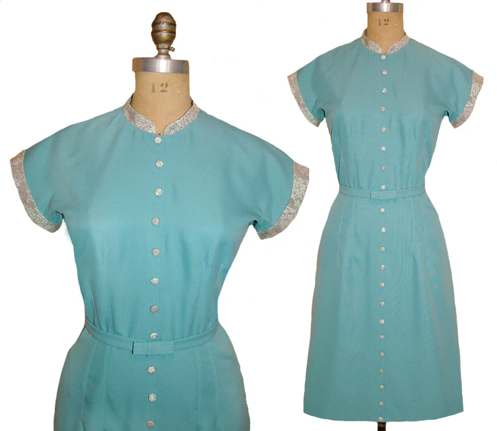 1950s Style Classic Button Up Dress with Mandarin Collar and Pencil Skirt Custom Made in Your Size From a Vintage Pattern 1955