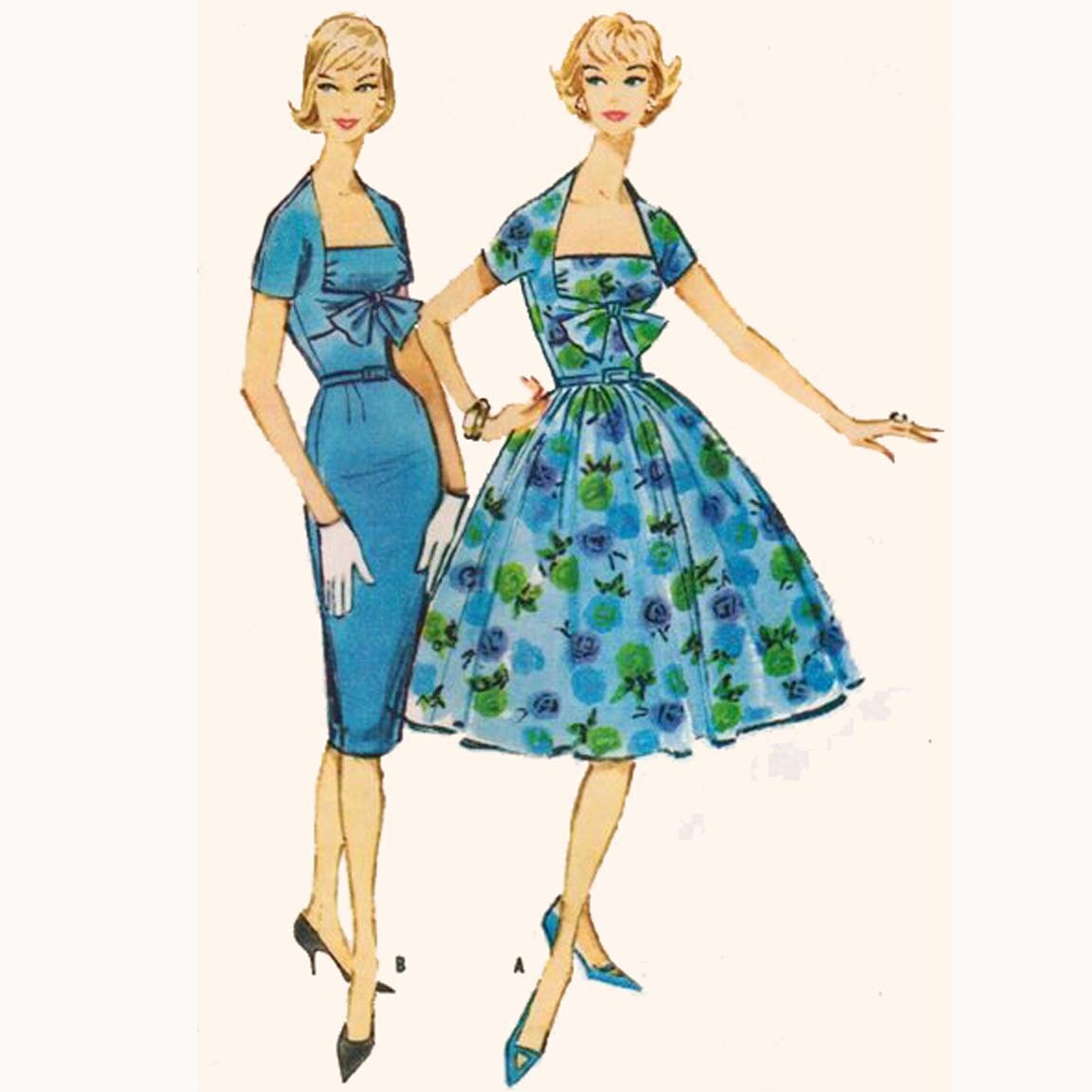 1950s Style Shelf Bust Dress with Shrug Sleeves Pencil or Full Gathered Skirt Custom Made in Your Size From a Vintage Pattern 1958