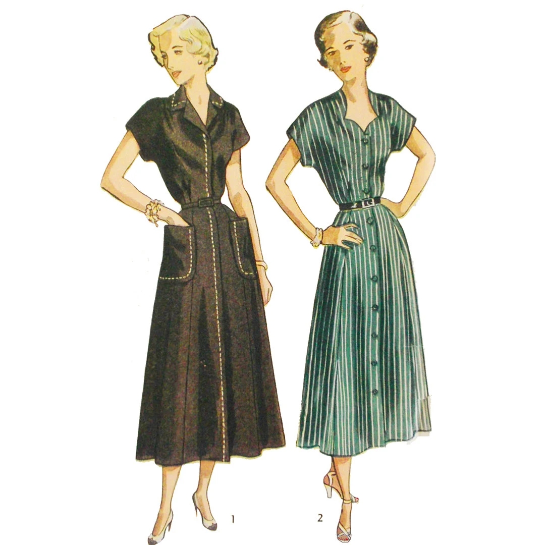 1950s Style Classic Button Up Dress with Notched Collar and Seven Gore Skirt Custom Made in Your Size From a Vintage Pattern 1950