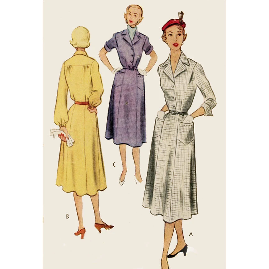 1950s Style Shirt Dress With Notched Collar and Six Gore Skirt Custom Made in Your Size From a Vintage Pattern 1951