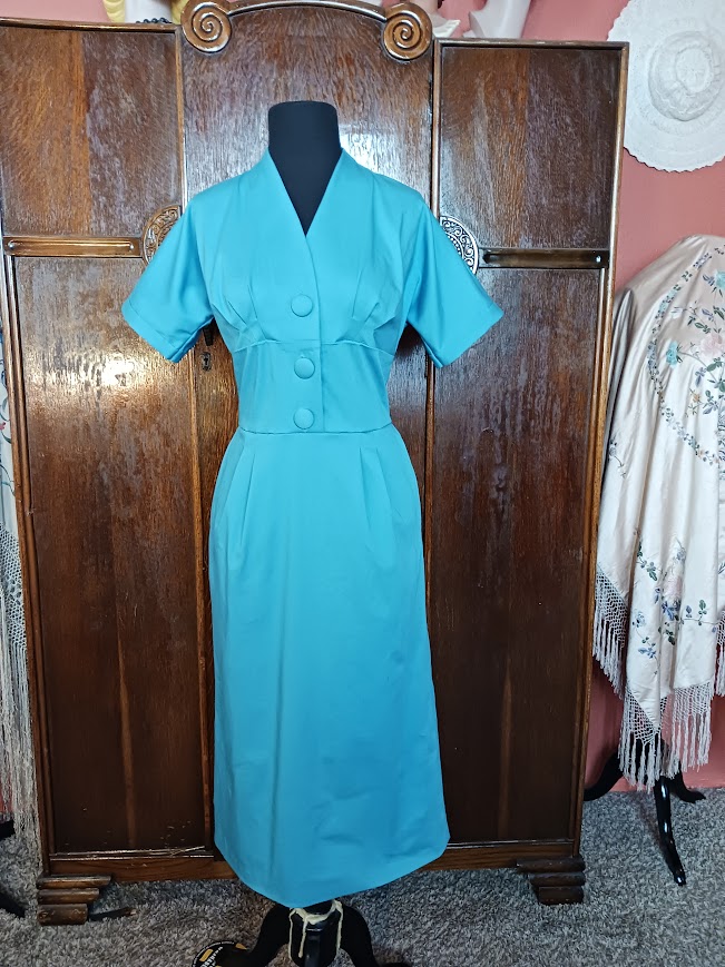 1950s Style Surplice V Neck Pleated Bust Dress with Fitted Midriff and Pencil Skirt Custom Made in Your Size from a Vintage Pattern 1958