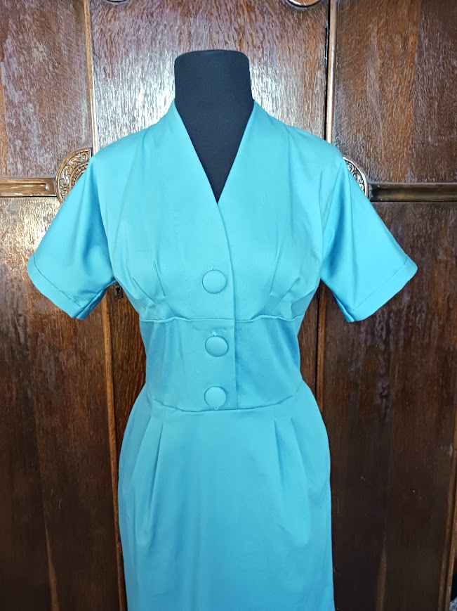 1950s Style Surplice V Neck Pleated Bust Dress with Fitted Midriff and Pencil Skirt Custom Made in Your Size from a Vintage Pattern 1958