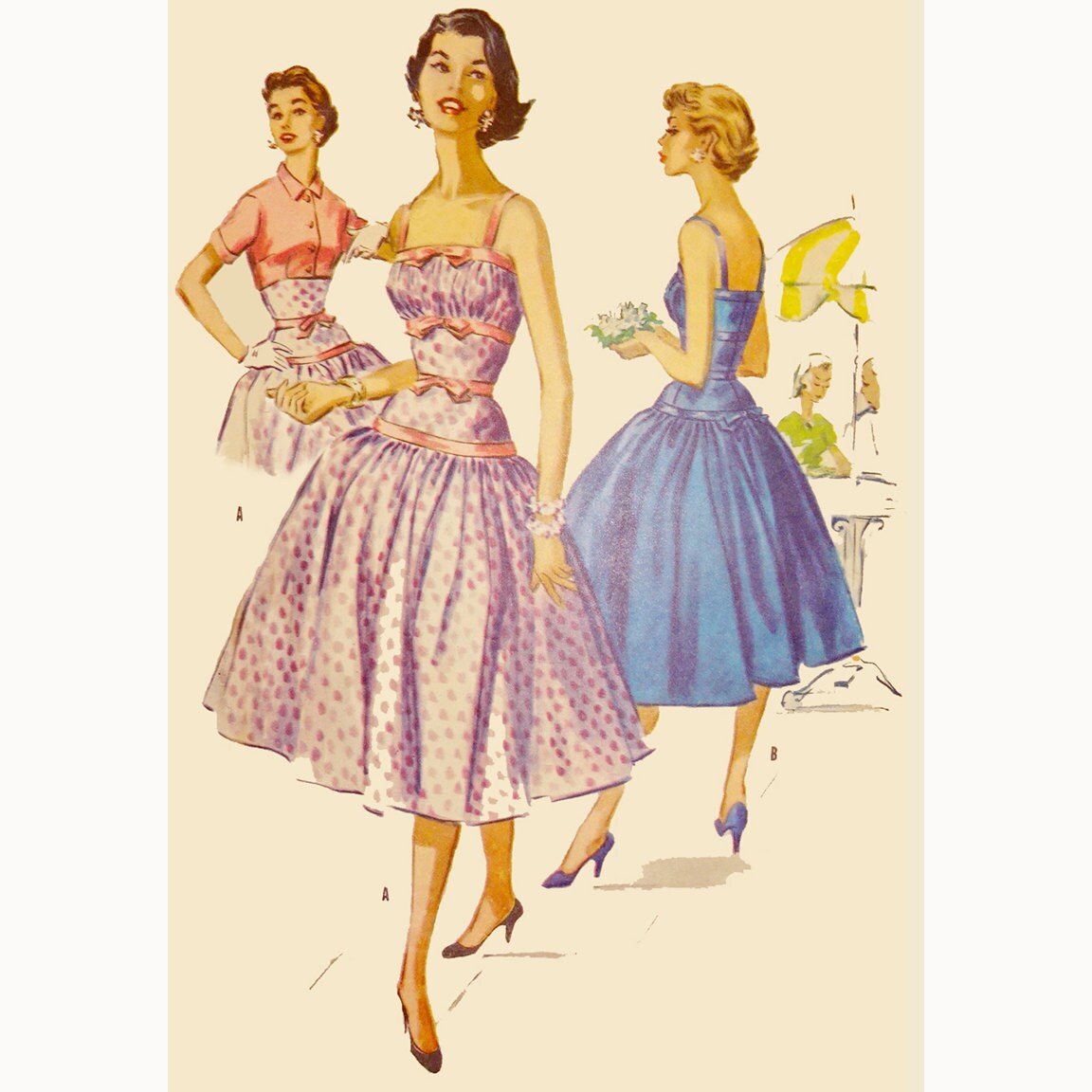 1950s Style Gathered Bust Dropped Waist Dress with Ribbon and Bows Full Gathered Side Skirt Custom Made In Your Size From a Vintage Pattern 1955