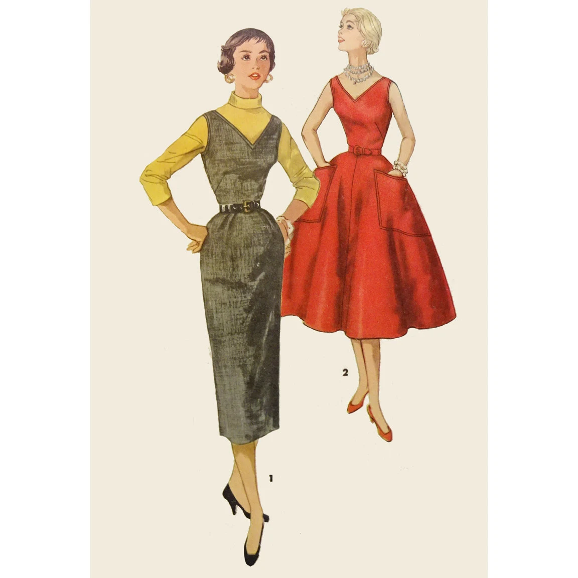 1950s Style Sleeveless V Neck Circle Skirt or Pencil Dress with Big Pocket Option Custom Made in Your Size From a Vintage Pattern 1955