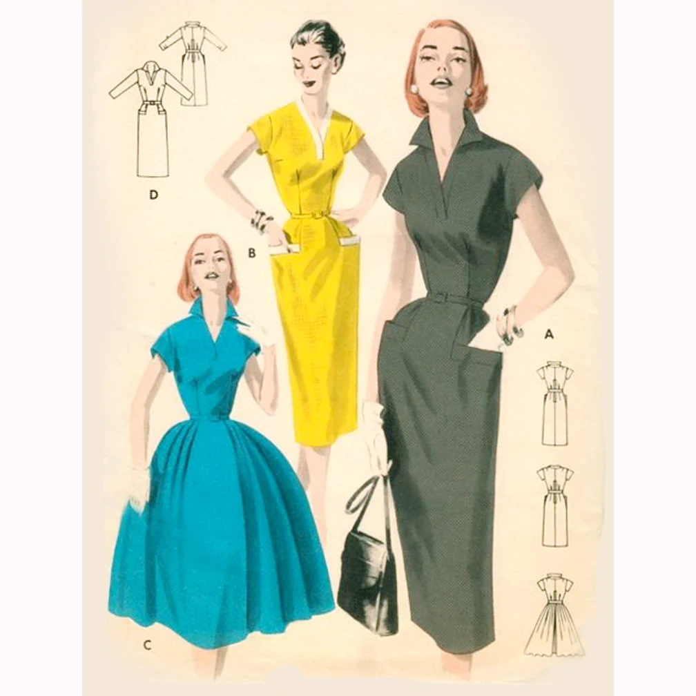 1950s Style Wing Collar Shirt Dress with Pencil Skirt or Full Pleated Skirt Custom Made in Your Size From a Vintage Pattern 1956