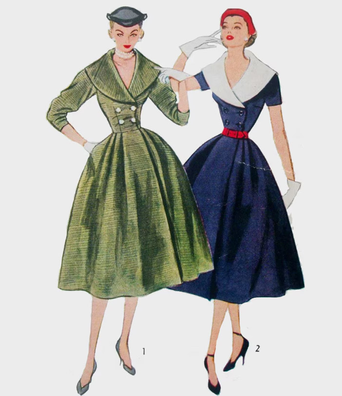 1950s Style Double Breasted Wide Collar Coat Dress With Full Pleated Skirt Custom Made in Your Size From a Vintage Pattern 1951
