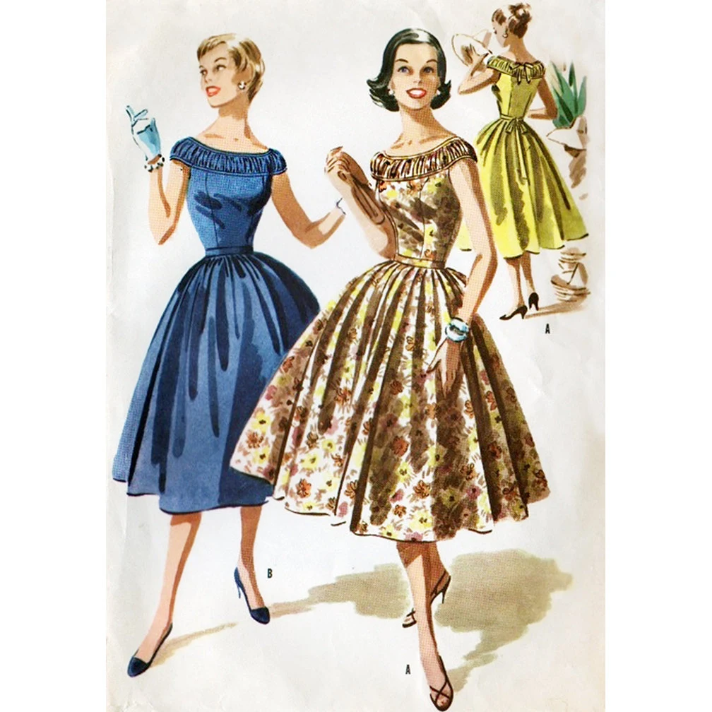 1950s Style Shirred Ruffle Off the Shoulder Bodice with Full Gathered Skirt Dress Custom Made in Your Size From a Vintage Pattern 1955