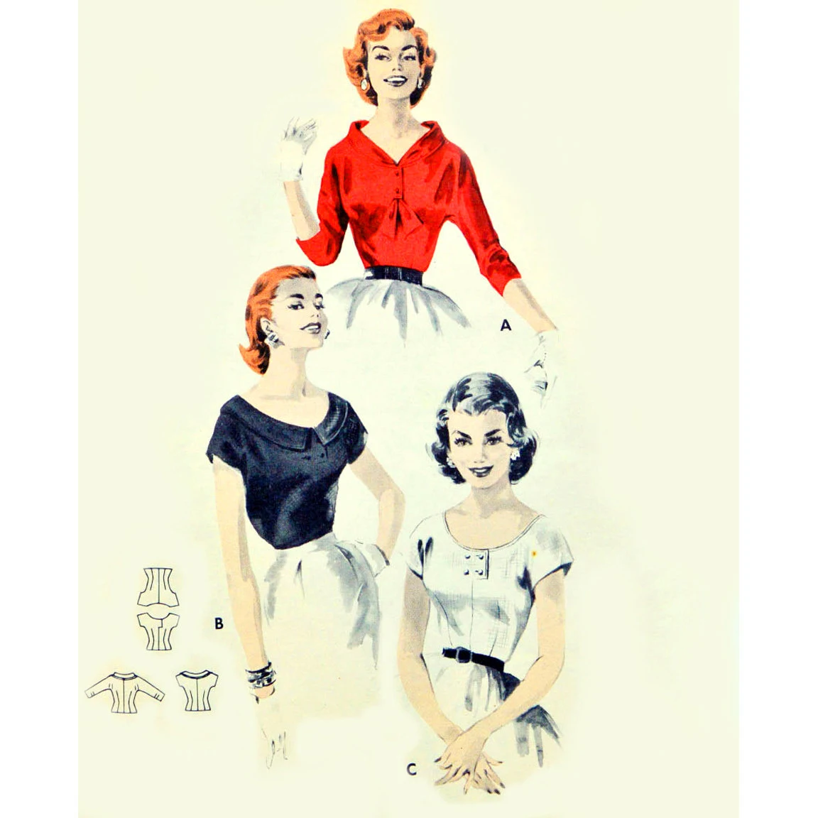 1950s Style Scoop Neck Blouse with Plain or Portrait Collar Custom Made in Your Size From a Vintage Pattern 1957