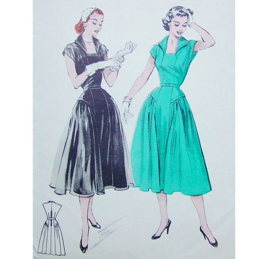 1950s Style Revere Collar Dress with Full Gathered Side Skirt Flounces Custom Made In Your Size From a Vintage Pattern 1953