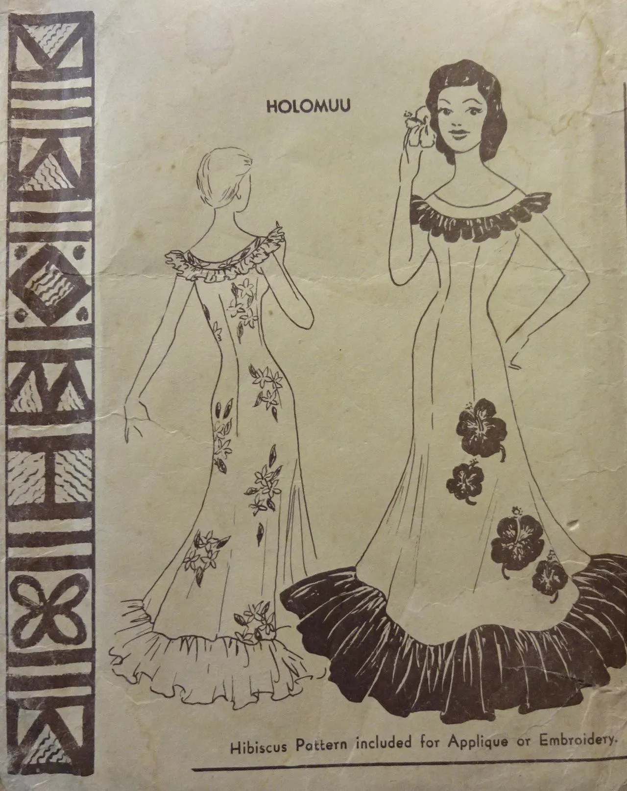 1950s Style Hawaiian Polynesian Holomuu Long Mermaid Hem Ruffle Dress Custom Made in Your Size From a Vintage Pattern 1960