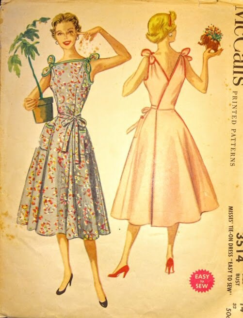 1950s Style Wrap Around Dress with Shoulder Bows and Pockets Custom Made in Your Size From a Vintage Pattern 1955